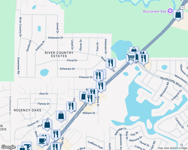 map of restaurants, bars, coffee shops, grocery stores, and more near 8109 Chaucer Drive in Spring Hill