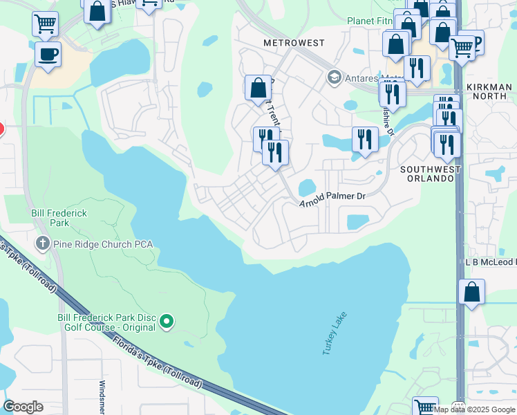 map of restaurants, bars, coffee shops, grocery stores, and more near 3396 Parkchester Square Boulevard in Orlando