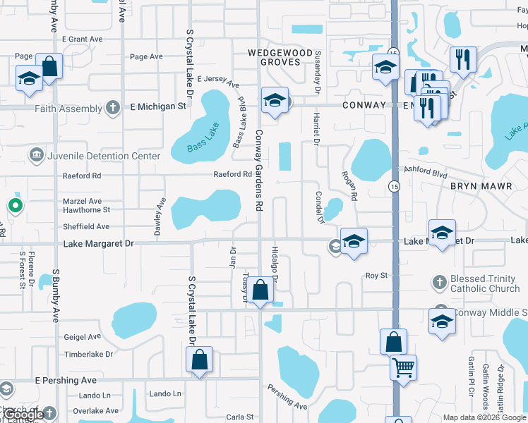 map of restaurants, bars, coffee shops, grocery stores, and more near 2923 Conway Gardens Road in Orlando