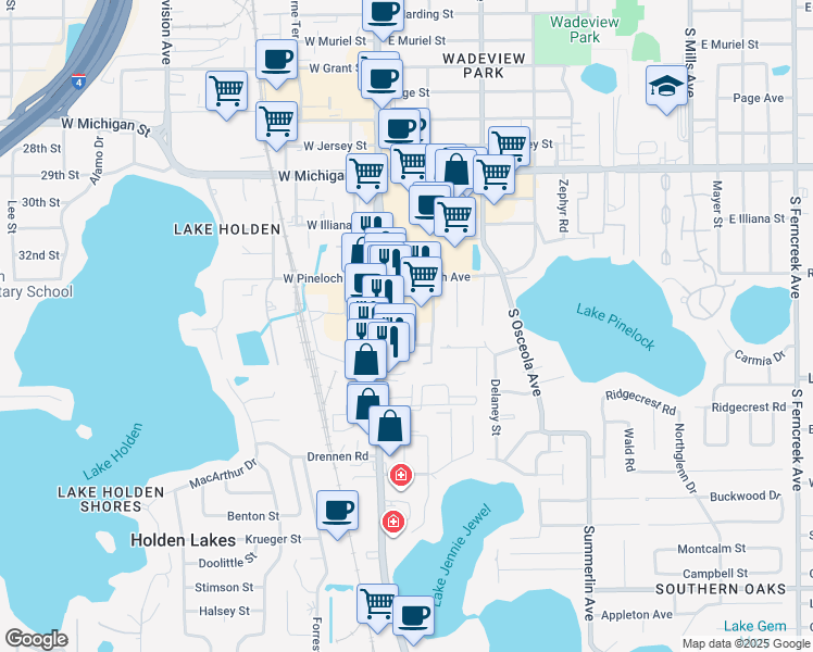 map of restaurants, bars, coffee shops, grocery stores, and more near 3141 South Orange Avenue in Orlando