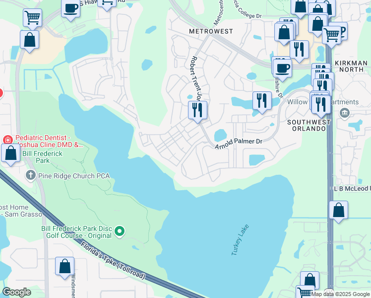 map of restaurants, bars, coffee shops, grocery stores, and more near 3396 Parkchester Square Boulevard in Orlando
