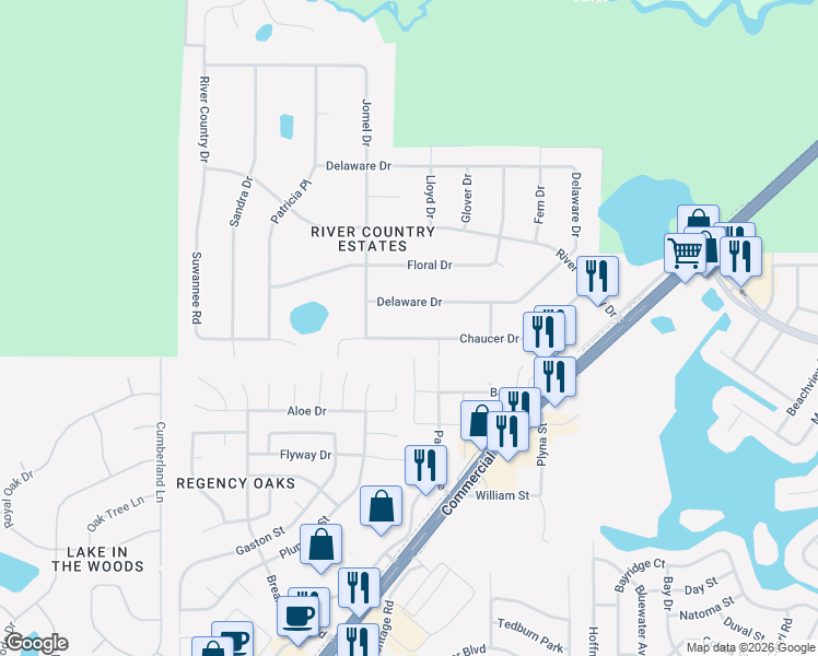 map of restaurants, bars, coffee shops, grocery stores, and more near 7971 Chaucer Drive in Spring Hill