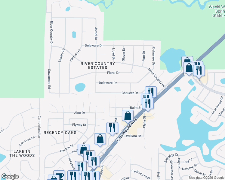 map of restaurants, bars, coffee shops, grocery stores, and more near 7971 Chaucer Drive in Spring Hill