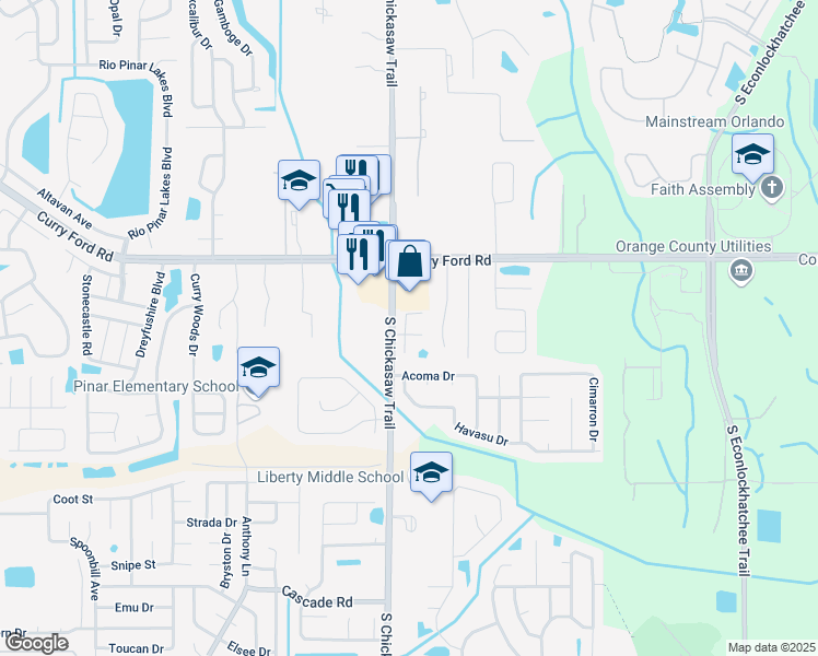 map of restaurants, bars, coffee shops, grocery stores, and more near 8515 Sparrowhawk Court in Orlando