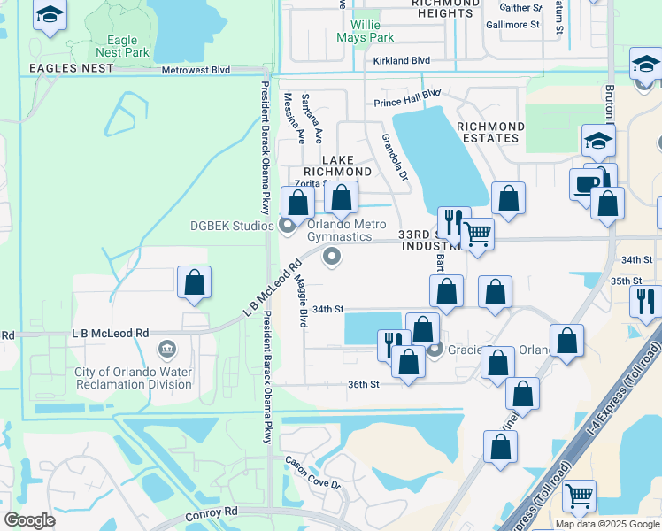 map of restaurants, bars, coffee shops, grocery stores, and more near 4640 L B McLeod Road in Orlando
