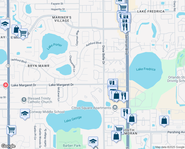map of restaurants, bars, coffee shops, grocery stores, and more near 5421 Lake Margaret Drive in Orlando