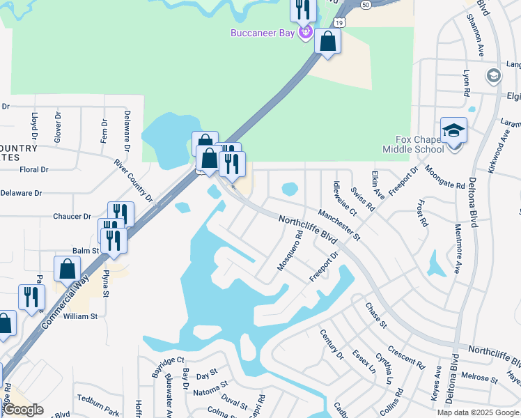 map of restaurants, bars, coffee shops, grocery stores, and more near 5290 Franconia Avenue in Spring Hill
