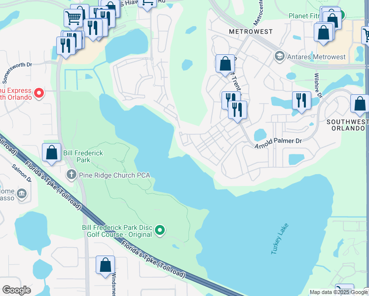 map of restaurants, bars, coffee shops, grocery stores, and more near 3344 Corona Village Way in Orlando