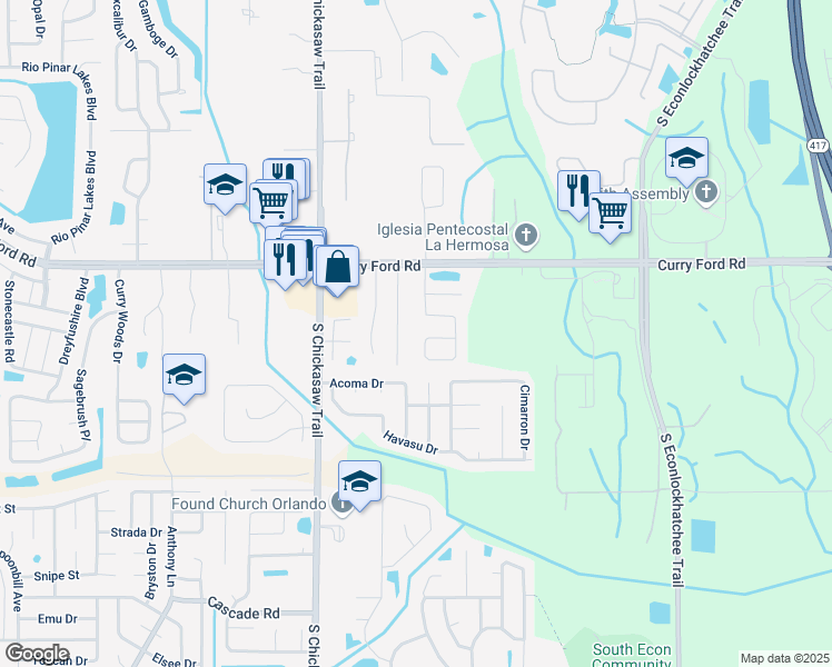 map of restaurants, bars, coffee shops, grocery stores, and more near 3205 Birmingham Boulevard in Orlando