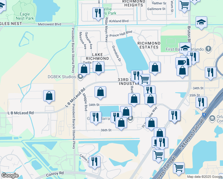 map of restaurants, bars, coffee shops, grocery stores, and more near 4542 L B McLeod Road in Orlando