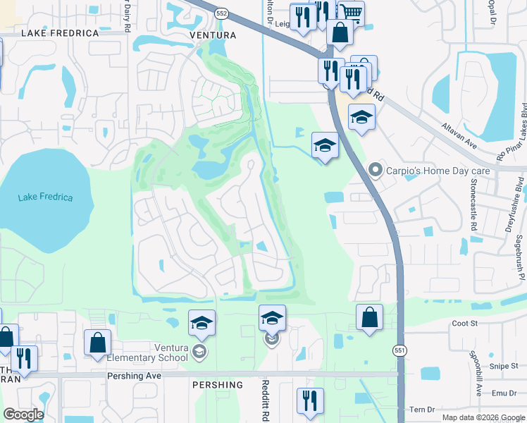 map of restaurants, bars, coffee shops, grocery stores, and more near 3480 Clear Stream Drive in Orlando