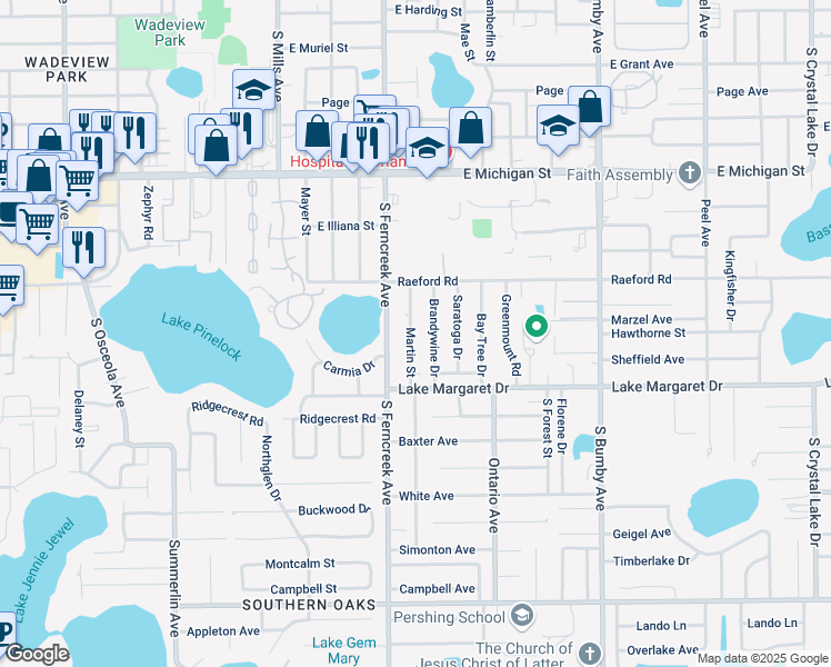 map of restaurants, bars, coffee shops, grocery stores, and more near 3021 Martin Street in Orlando