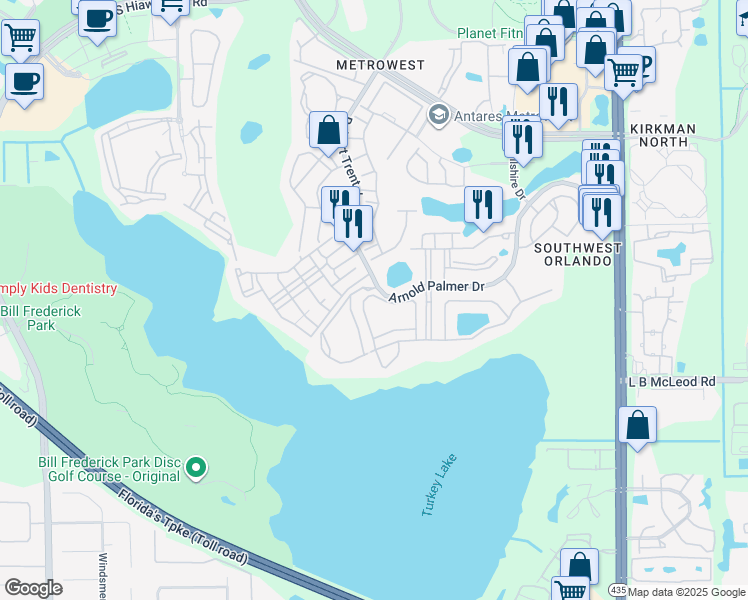 map of restaurants, bars, coffee shops, grocery stores, and more near 3497 Shallot Drive in Orlando