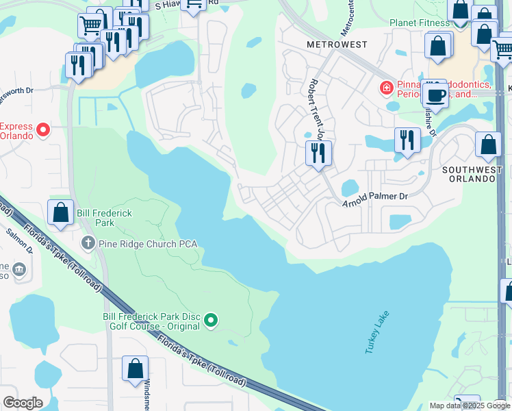 map of restaurants, bars, coffee shops, grocery stores, and more near 3406 Soho Street in Orlando