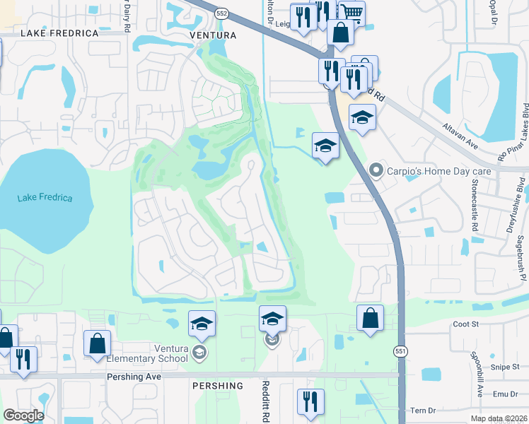 map of restaurants, bars, coffee shops, grocery stores, and more near 3480 Clear Stream Drive in Orlando