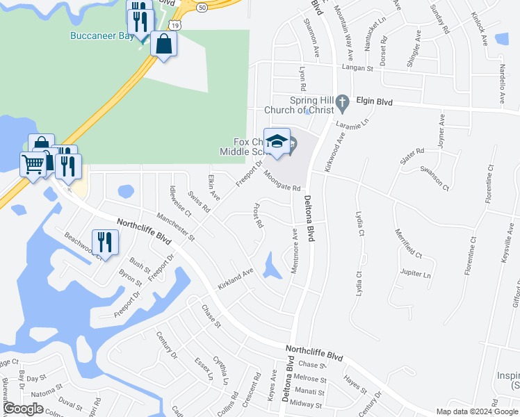 map of restaurants, bars, coffee shops, grocery stores, and more near 5342 Frost Road in Spring Hill