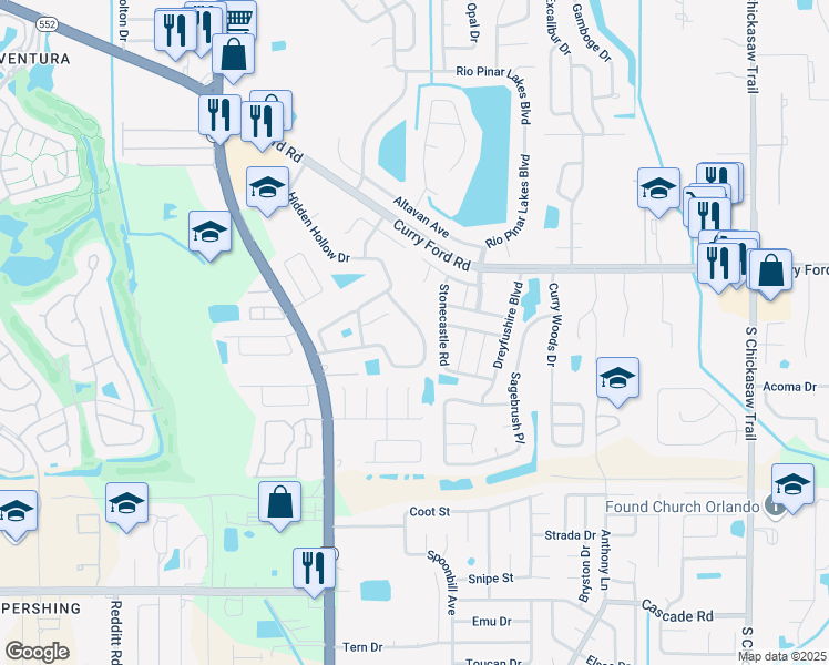 map of restaurants, bars, coffee shops, grocery stores, and more near 7777 Pine Fork Drive in Orlando