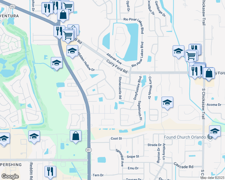 map of restaurants, bars, coffee shops, grocery stores, and more near 7777 Pine Fork Drive in Orlando