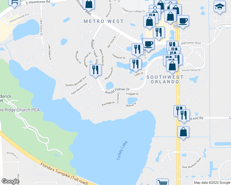 map of restaurants, bars, coffee shops, grocery stores, and more near 3393 Shallot Drive in Orlando