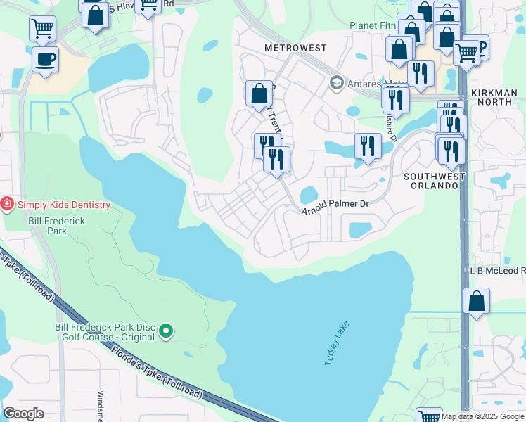 map of restaurants, bars, coffee shops, grocery stores, and more near 3396 Parkchester Square Boulevard in Orlando