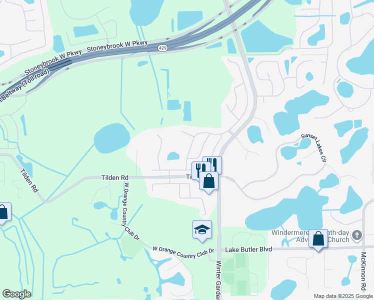 map of restaurants, bars, coffee shops, grocery stores, and more near 2327 Wintermere Pointe Drive in Winter Garden