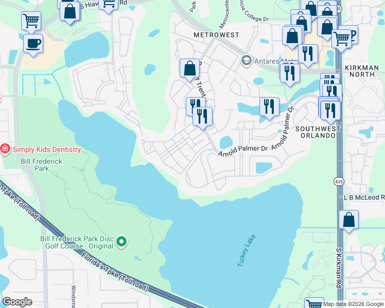 map of restaurants, bars, coffee shops, grocery stores, and more near 3396 Parkchester Square Boulevard in Orlando