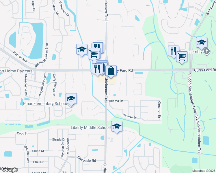map of restaurants, bars, coffee shops, grocery stores, and more near 3042 Pigeon Hawk Court in Orlando