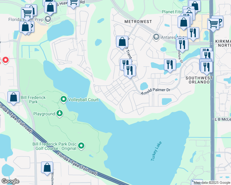 map of restaurants, bars, coffee shops, grocery stores, and more near 3318 Greenwich Village Boulevard in Orlando
