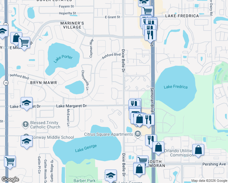 map of restaurants, bars, coffee shops, grocery stores, and more near 5421 Lake Margaret Drive in Orlando