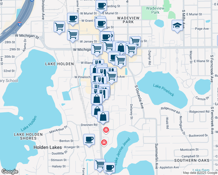 map of restaurants, bars, coffee shops, grocery stores, and more near 3141 South Orange Avenue in Orlando