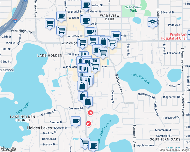 map of restaurants, bars, coffee shops, grocery stores, and more near 3219 South Orange Avenue in Orlando