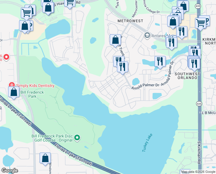 map of restaurants, bars, coffee shops, grocery stores, and more near 3383 Westchester Square Boulevard in Orlando