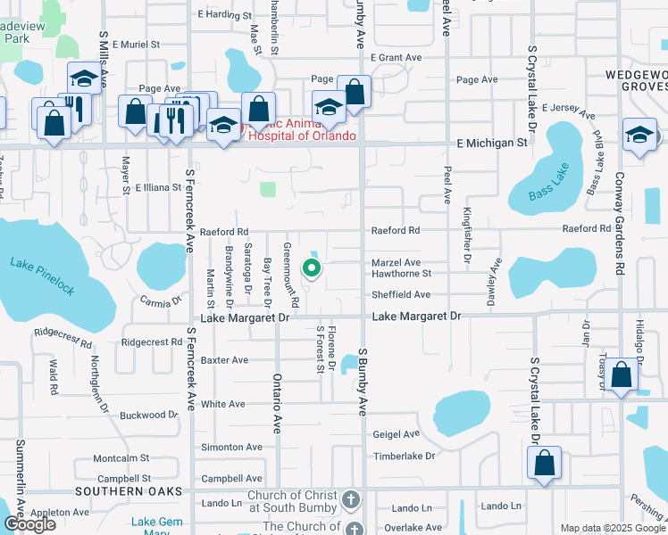 map of restaurants, bars, coffee shops, grocery stores, and more near 3210 South Bumby Avenue in Orlando