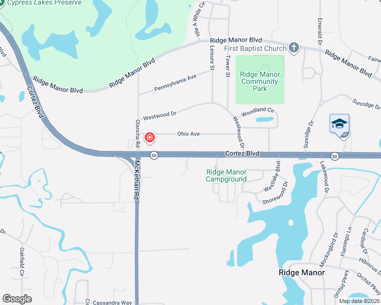 map of restaurants, bars, coffee shops, grocery stores, and more near Highway 50 in Ridge Manor