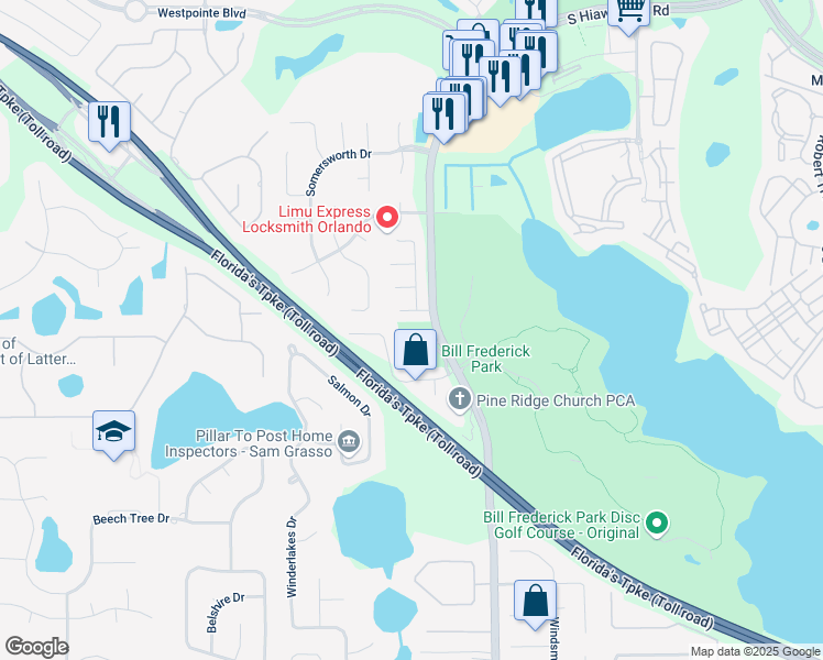map of restaurants, bars, coffee shops, grocery stores, and more near 7635 Ashley Park Court in Orlando