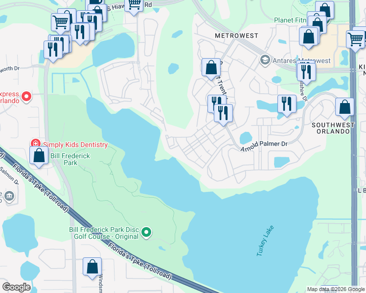 map of restaurants, bars, coffee shops, grocery stores, and more near 3406 Soho Street in Orlando