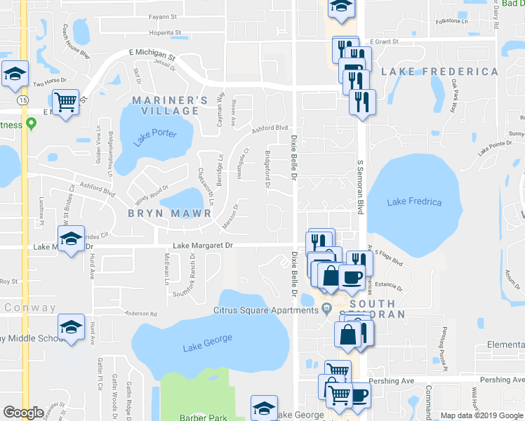 map of restaurants, bars, coffee shops, grocery stores, and more near 5421 Lake Margaret Drive in Orlando