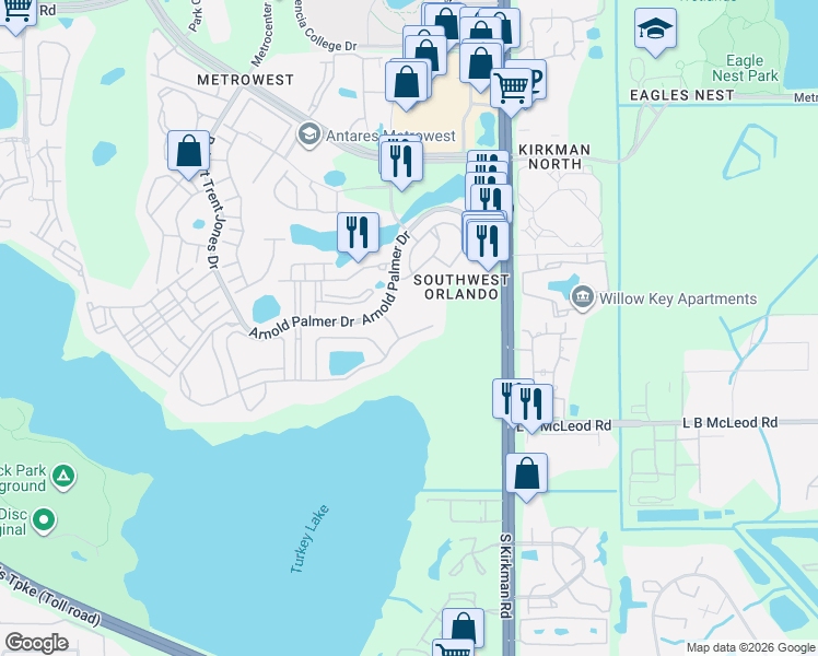 map of restaurants, bars, coffee shops, grocery stores, and more near 3388 Flamborough Drive in Orlando