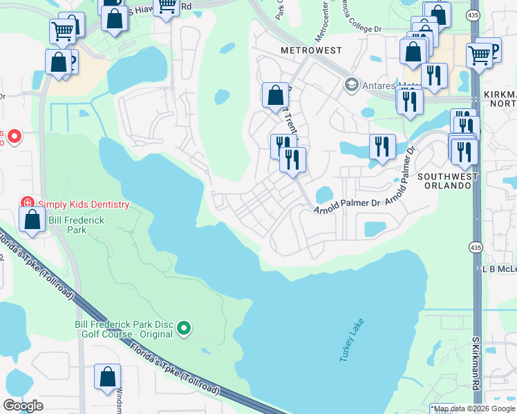map of restaurants, bars, coffee shops, grocery stores, and more near 3383 Westchester Square Boulevard in Orlando