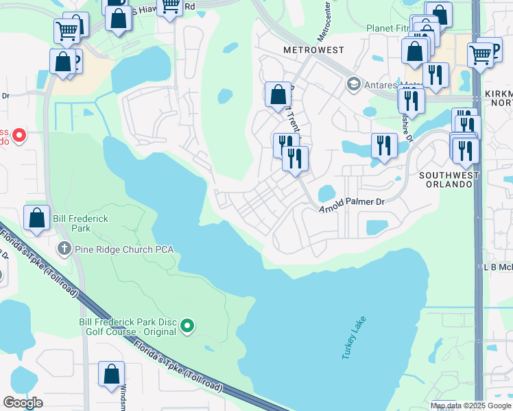 map of restaurants, bars, coffee shops, grocery stores, and more near 3383 Westchester Square Boulevard in Orlando
