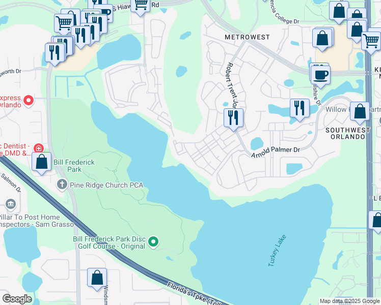 map of restaurants, bars, coffee shops, grocery stores, and more near 3406 Soho Street in Orlando