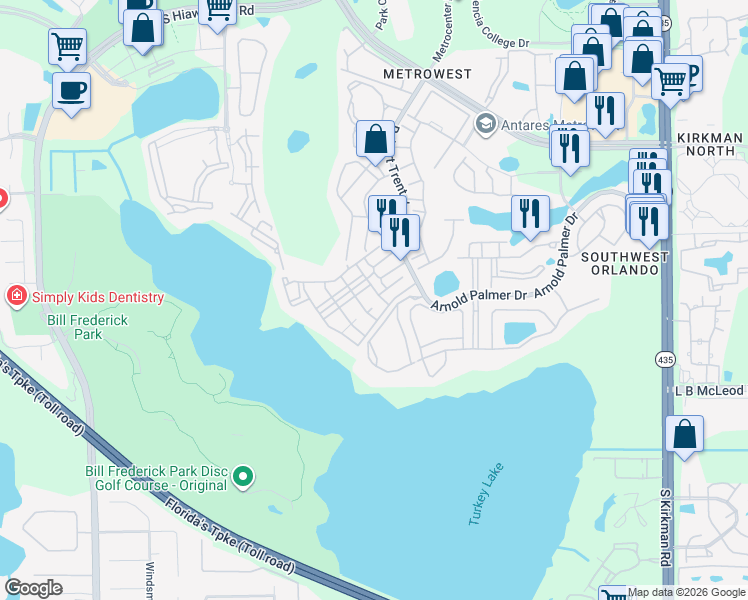 map of restaurants, bars, coffee shops, grocery stores, and more near 3396 Parkchester Square Boulevard in Orlando