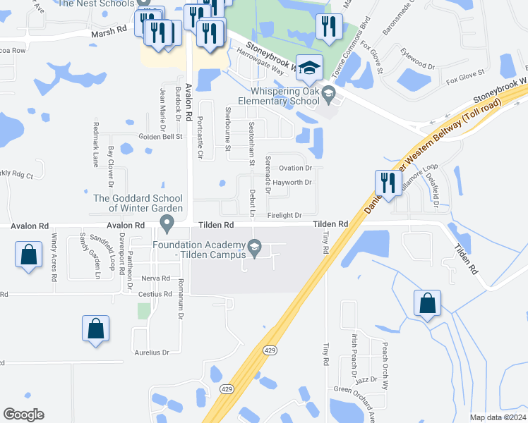 map of restaurants, bars, coffee shops, grocery stores, and more near 15245 Serenade Drive in Winter Garden