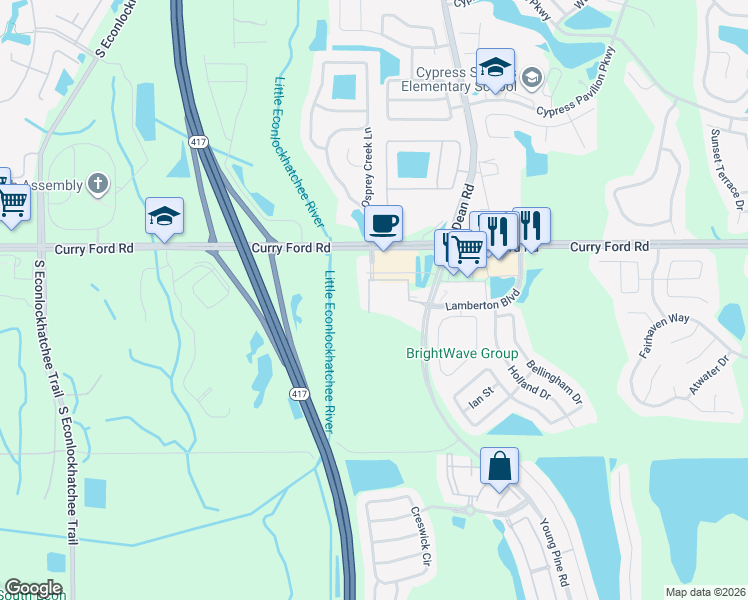 map of restaurants, bars, coffee shops, grocery stores, and more near 10017 Hidden River Drive in Orlando