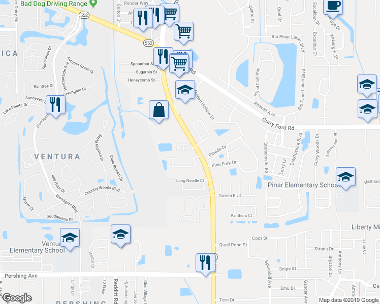 map of restaurants, bars, coffee shops, grocery stores, and more near 7434 Hollow Ridge Circle in Orlando