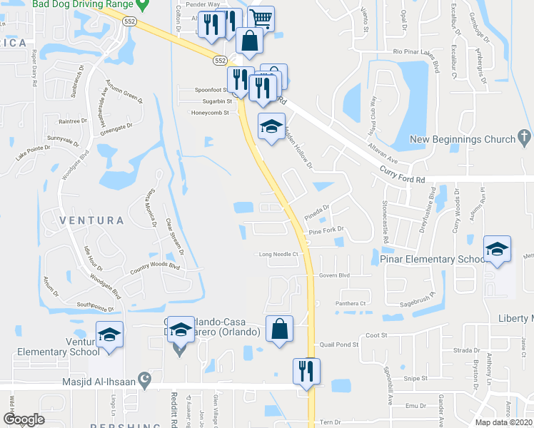 map of restaurants, bars, coffee shops, grocery stores, and more near 7434 Hollow Ridge Circle in Orlando