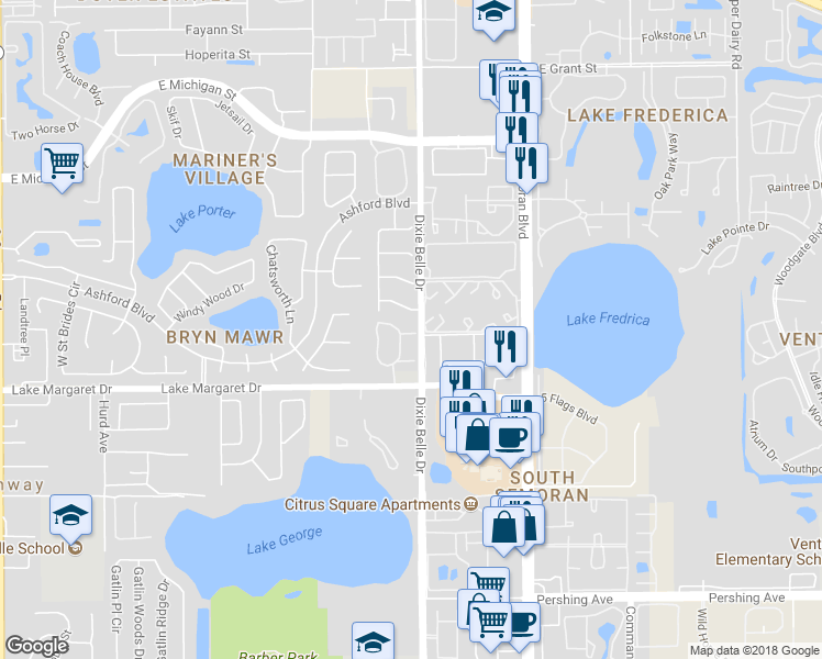 map of restaurants, bars, coffee shops, grocery stores, and more near 5461 Lake Margaret Drive in Orlando