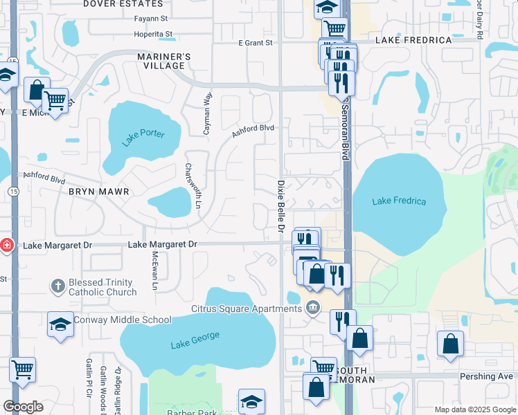 map of restaurants, bars, coffee shops, grocery stores, and more near 5421 Lake Margaret Drive in Orlando