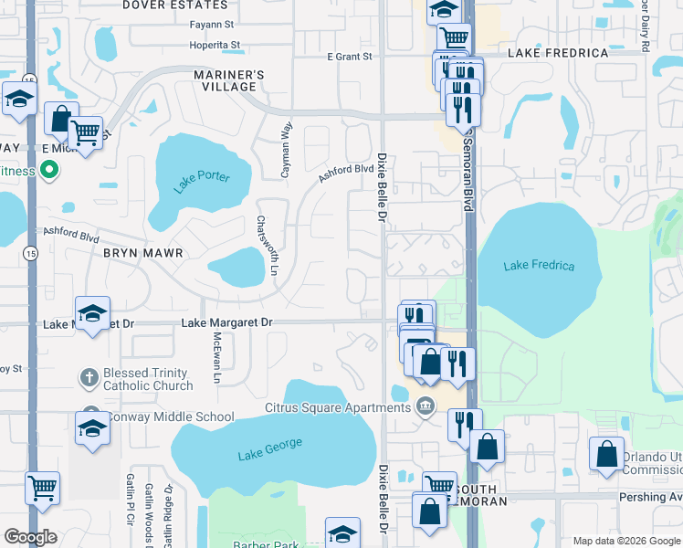 map of restaurants, bars, coffee shops, grocery stores, and more near 5421 Lake Margaret Drive in Orlando