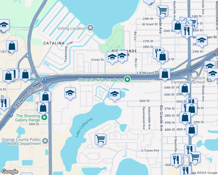 map of restaurants, bars, coffee shops, grocery stores, and more near 1901 Onaka Drive in Orlando